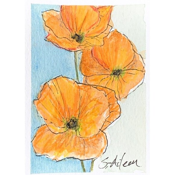 Other - ACEO Painting Watercolor Ink California Poppies Flower Orange Botanical Signed